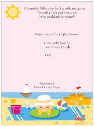 Beach toys theme baby shower invitation in bright colors with a sand castle, sea creatures and a sailboat sailing on the ocean