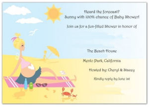 Beach theme baby shower invitation in blue and yellow with pregnant mom on the beach in a bikini with sunshine sea creatures and the ocean
