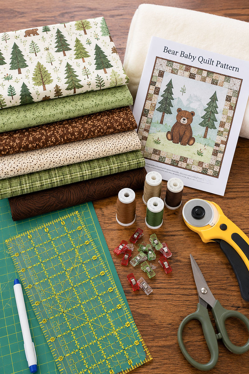 Fabric and sewing supplies prepared for making a bear baby quilt pattern