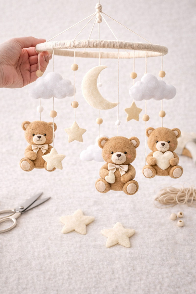 Assembling a handmade bear crib mobile with felt shapes tied to a wrapped hoop