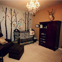 Teal green gold and blue woodland baby boy nursery theme room with deer and forest animals