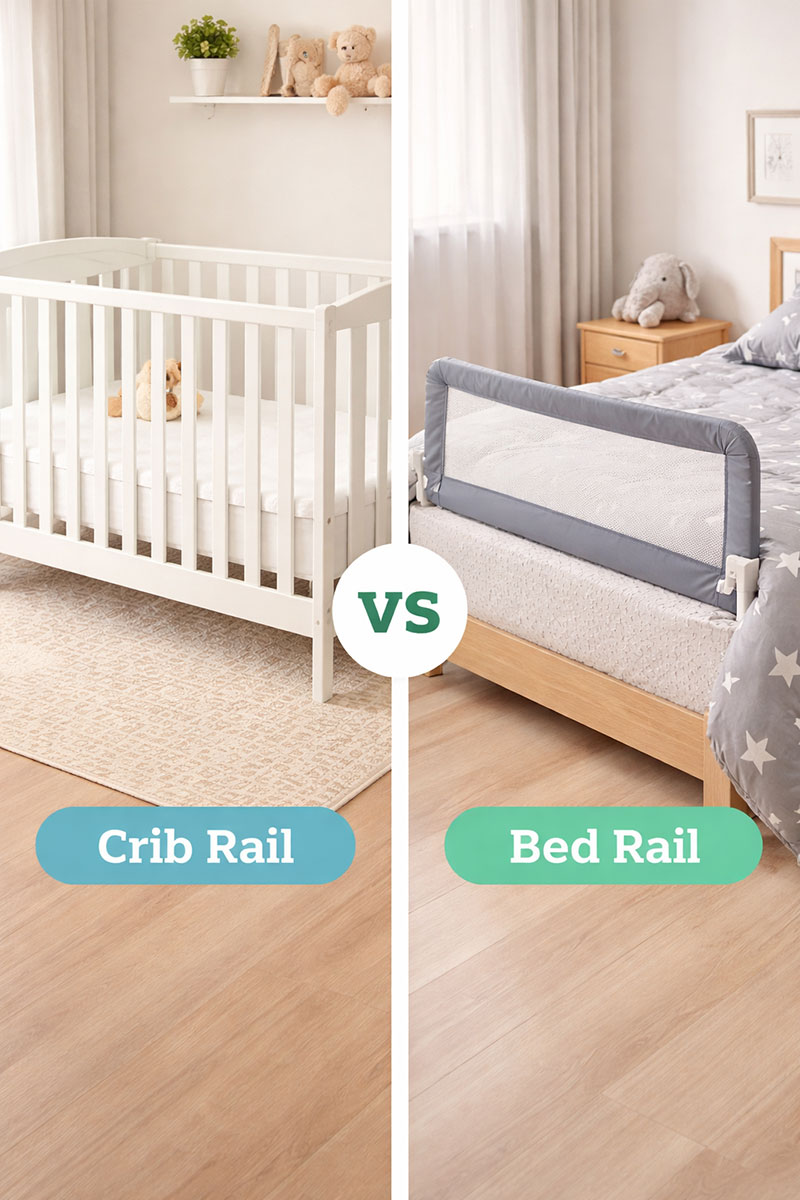 Comparison showing a crib with fixed rails versus a toddler bed rail attached to a standard bed