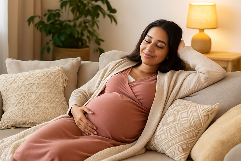 Pregnant mom on bed rest relaxing in a beautifully decorated cozy room