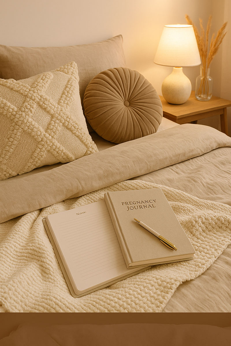 Soft cozy bed rest setup with pillows, blanket, and prenatal journal