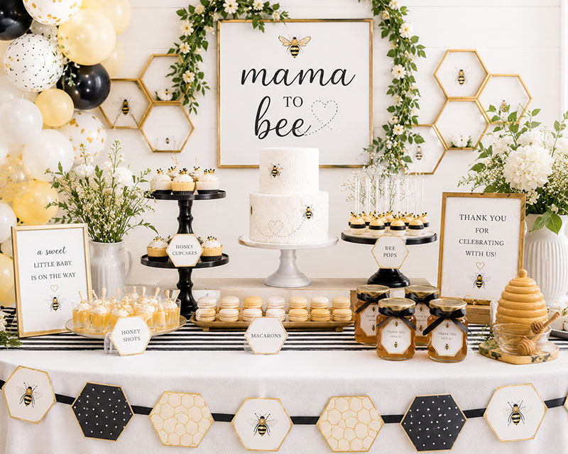 Bee baby shower dessert table with honeycomb wall decorations yellow balloon accents and coordinated treats