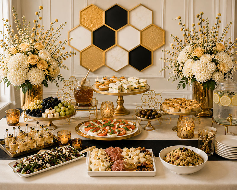 Bee baby shower food table with honey desserts lemon cupcakes biscuits and themed treats
