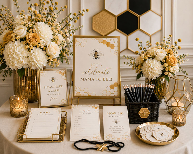 Bee baby shower game table with prediction cards honey jar guessing game and themed party activities