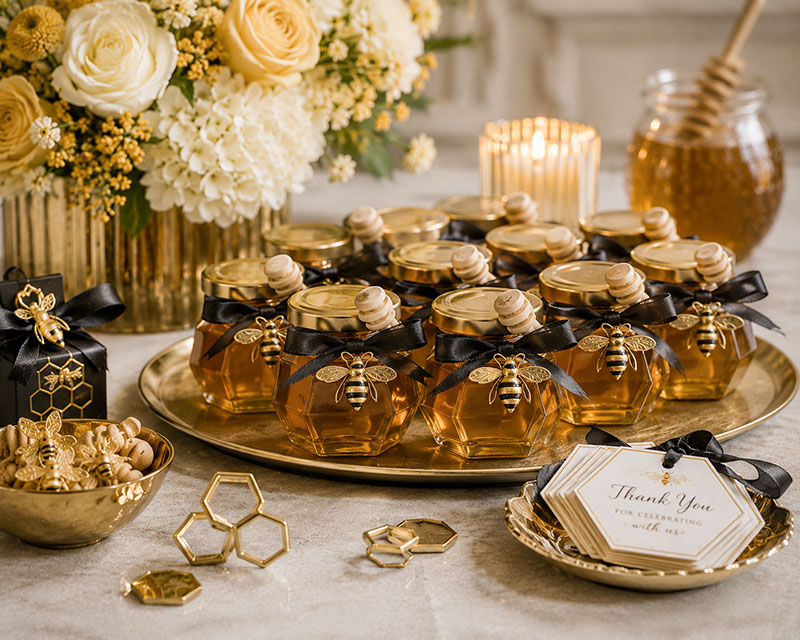 Bee baby shower honey jar favors with yellow ribbon honeycomb tags and elegant party display