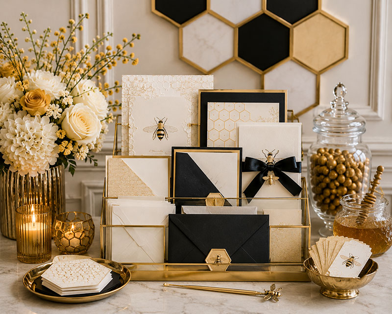 Bee baby shower invitation display with honeycomb stationery yellow envelope and coordinated table details