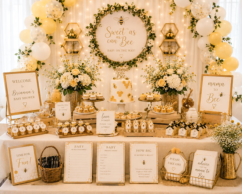Bee baby shower overview with coordinated decorations food favors and party styling ideas