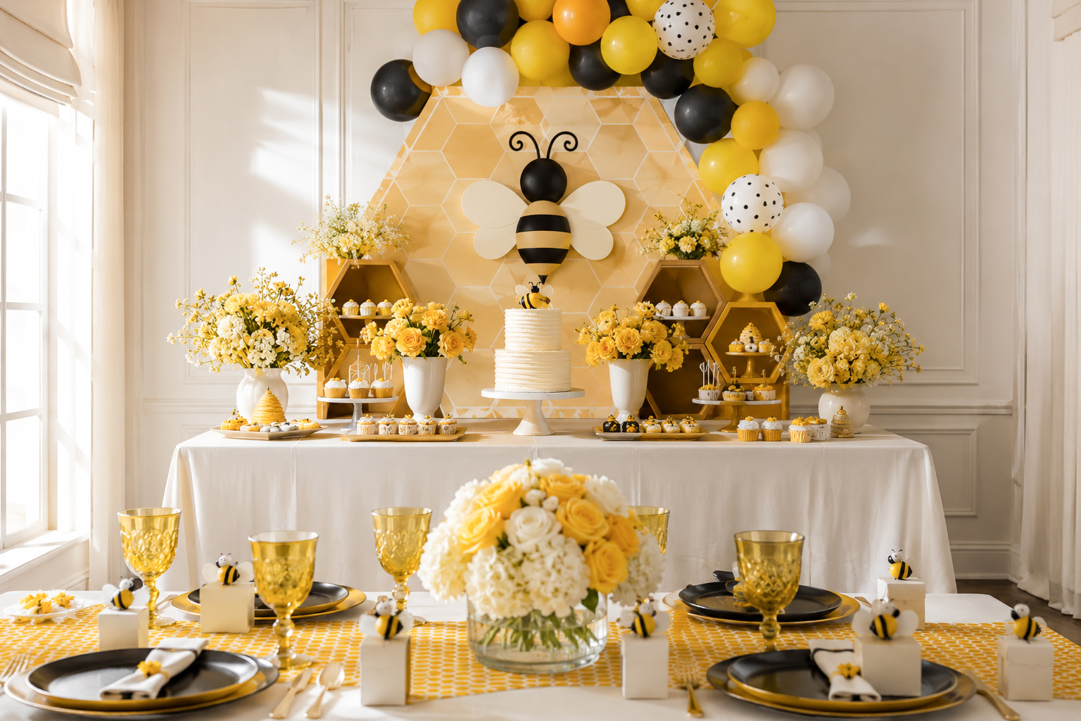 Bee baby shower theme ideas with honeycomb decorations, yellow balloons, bee treats, and Mama to Bee party details