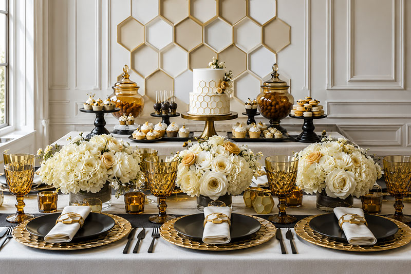 Bee baby shower theme with honeycomb backdrop, yellow table settings, dessert display and coordinated party decorations