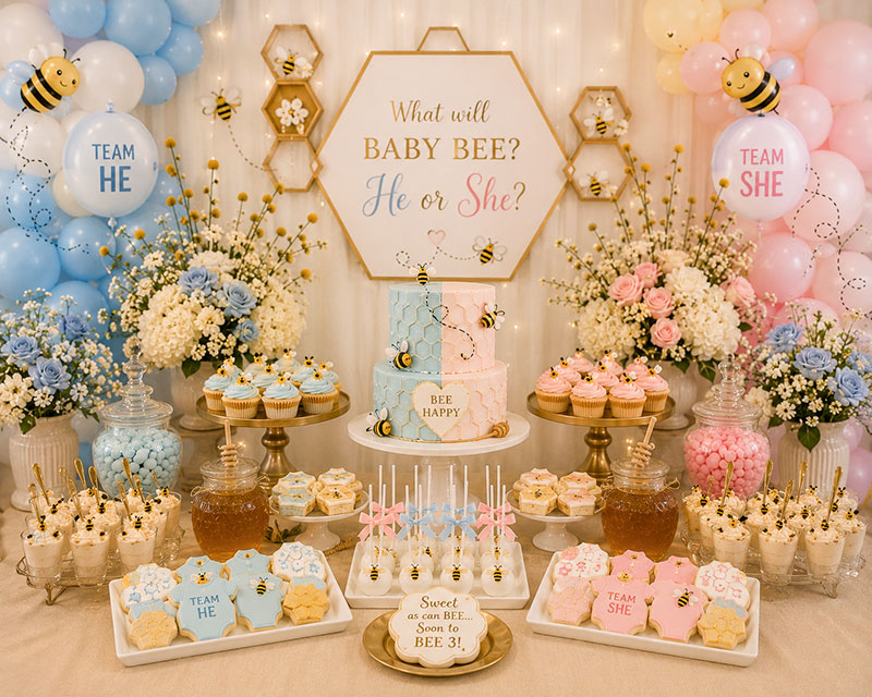 What Will Baby Bee gender reveal dessert table with coordinated bee theme decorations and reveal treats