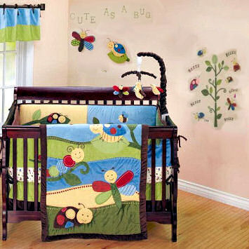 A colorful baby nursery decorated with dragonflies and bumblebees that is cute as a bug