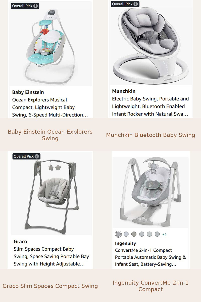 Collage showing four top baby swings for small spaces including Graco Slim Spaces, Munchkin Bluetooth, Baby Einstein Ocean Explorers, and Ingenuity ConvertMe 2-in-1 Compact models