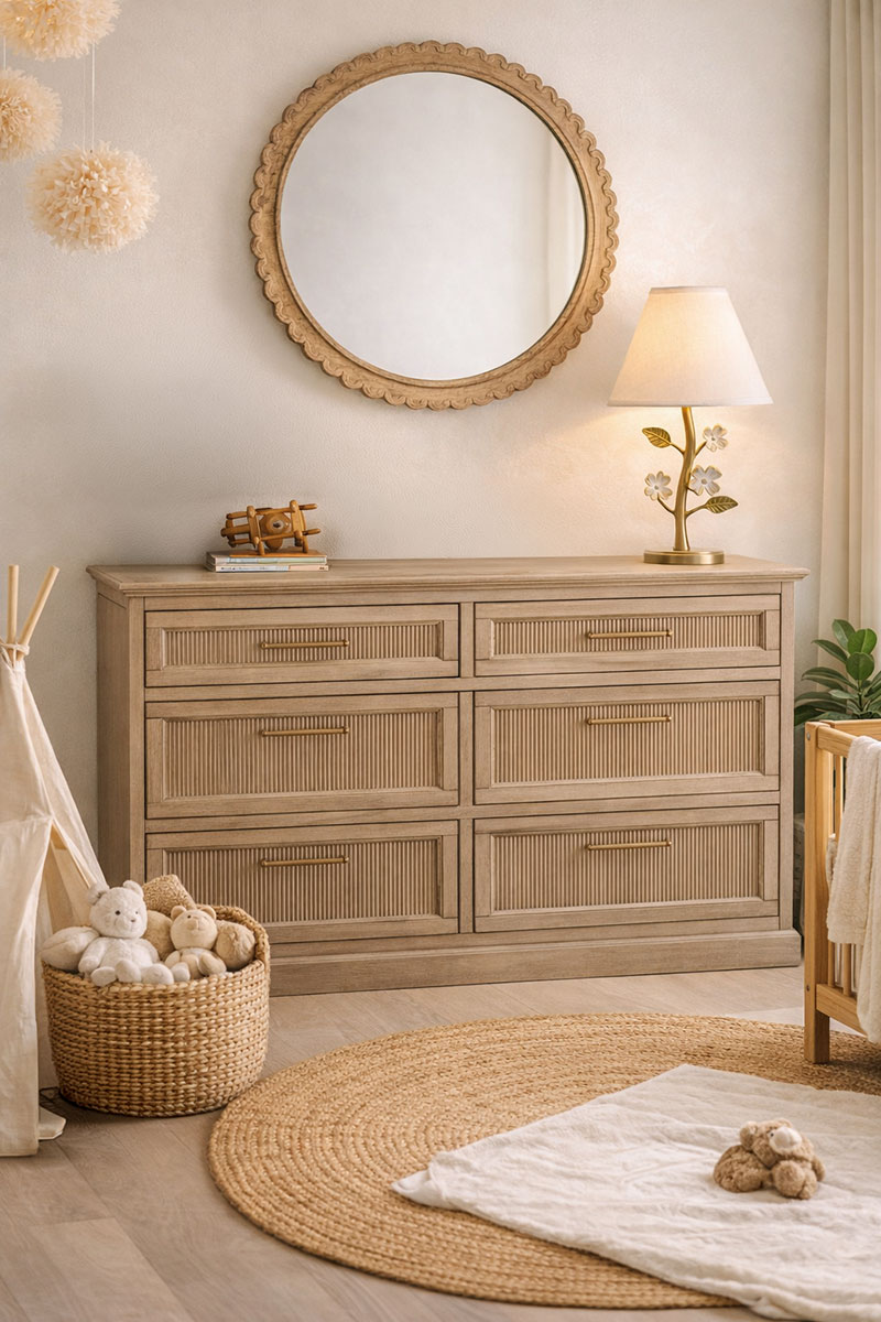 Slim natural fluted wood nursery dresser styled in a small nursery with crib