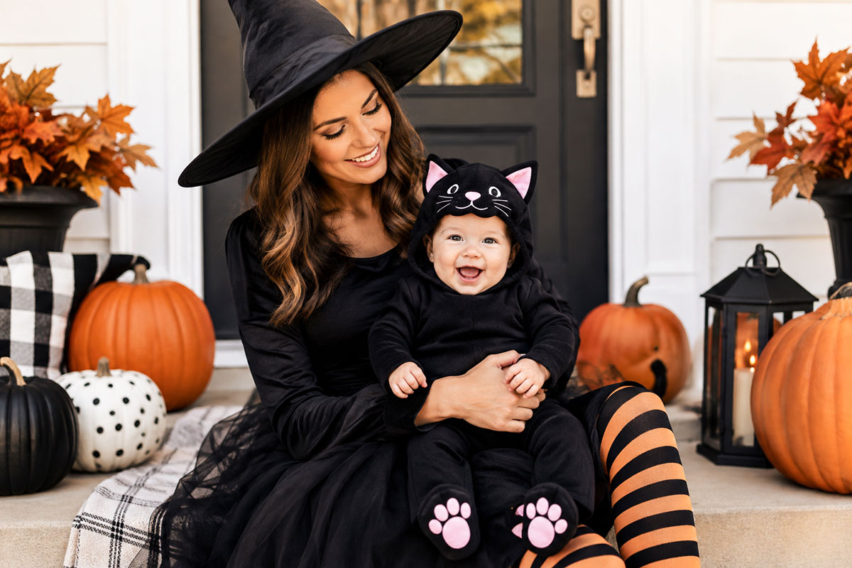 Mother and baby in coordinated woodland Halloween costumes with the baby wearing a simple brown outfit and mom providing the forest-inspired costume details