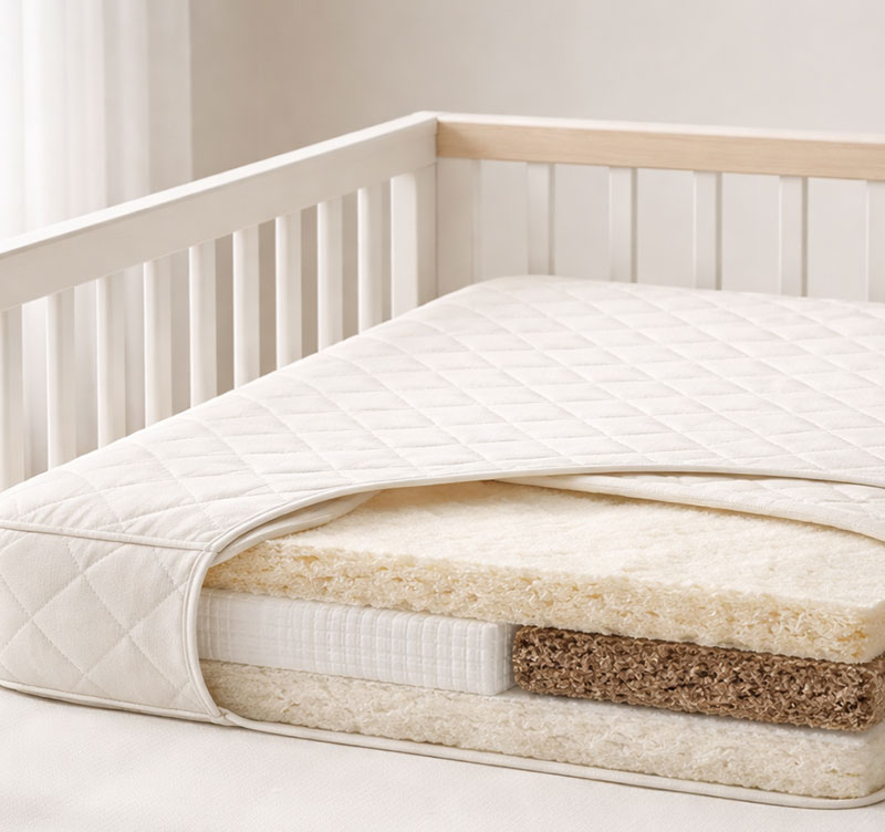 Best non toxic crib mattress in a softly lit nursery with clean natural materials