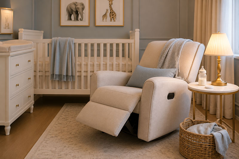 Luxury nursery recliner beside crib for nighttime feeding