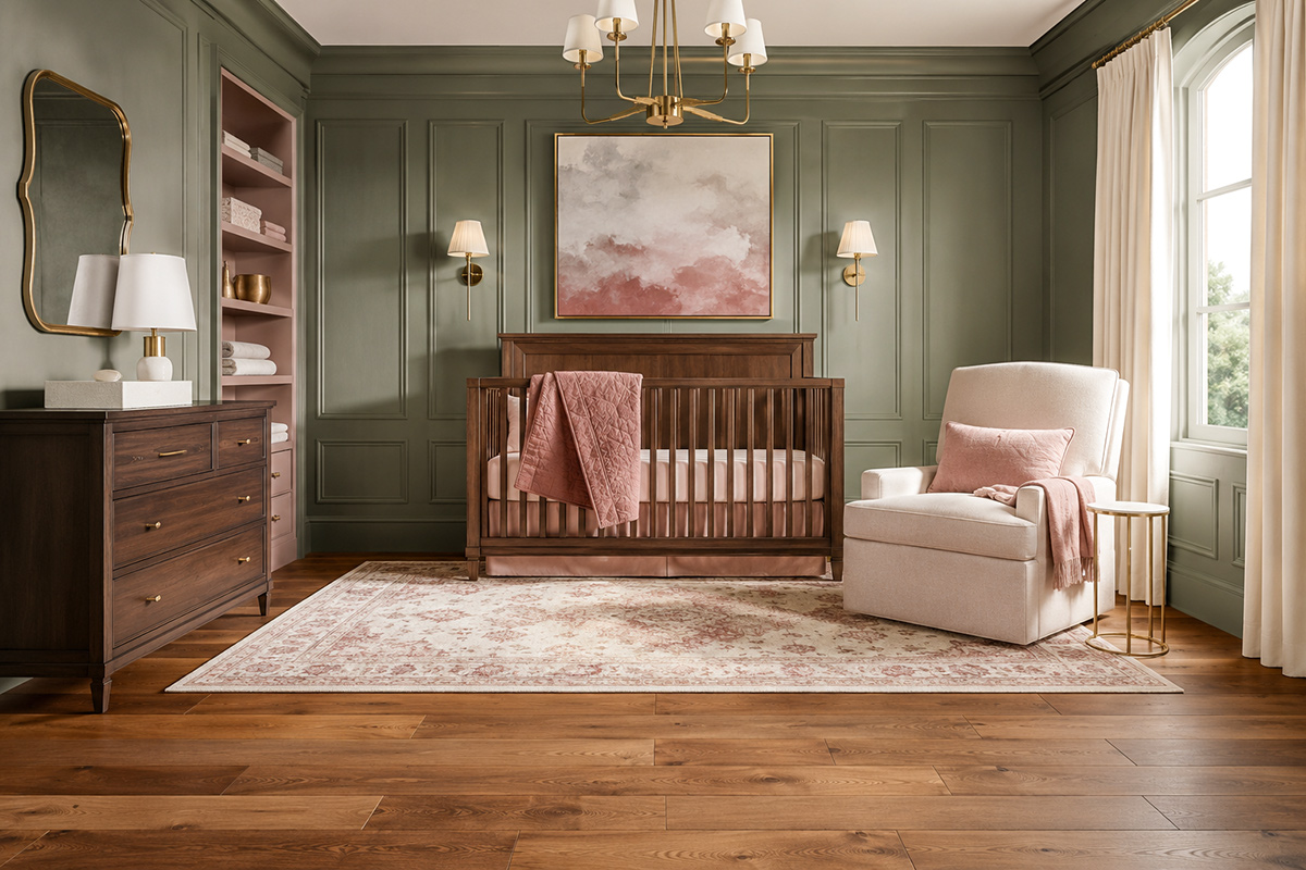 Baby nursery showing durable hardwood flooring with a comfortable area rug beneath the crib