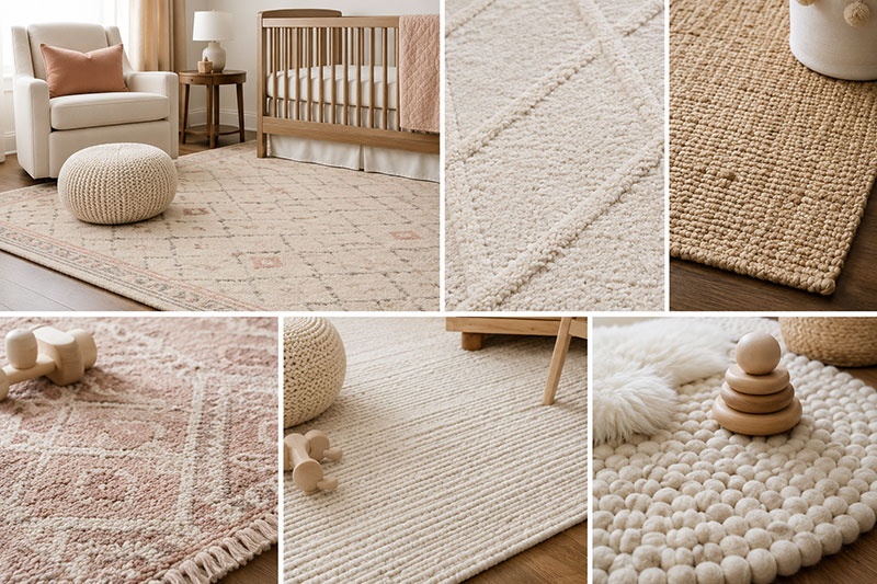 Nursery rug material comparison in a modern baby room