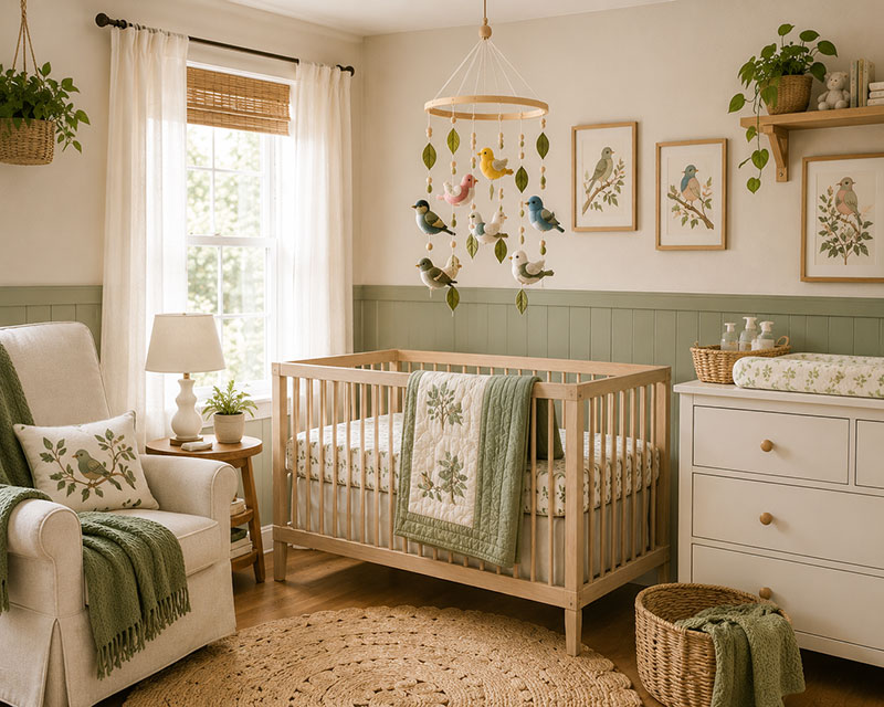 Wide view of a nursery with bird mobile, crib and balanced wall decor
