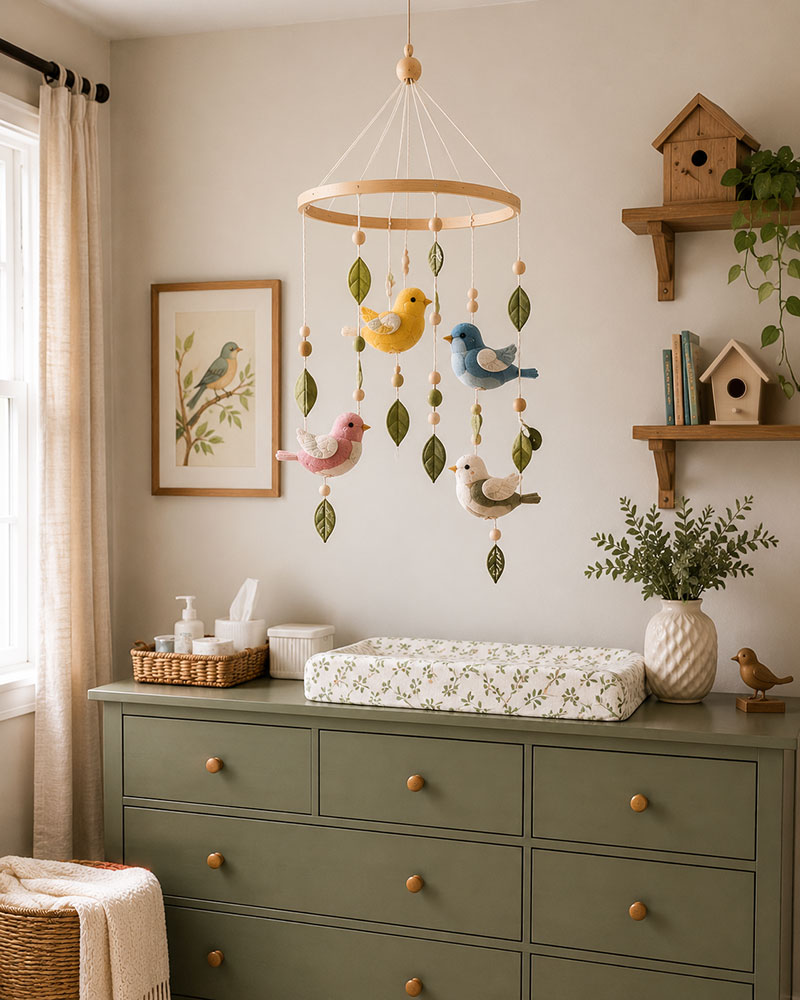 Bird mobile hanging above a nursery dresser with polished storage details