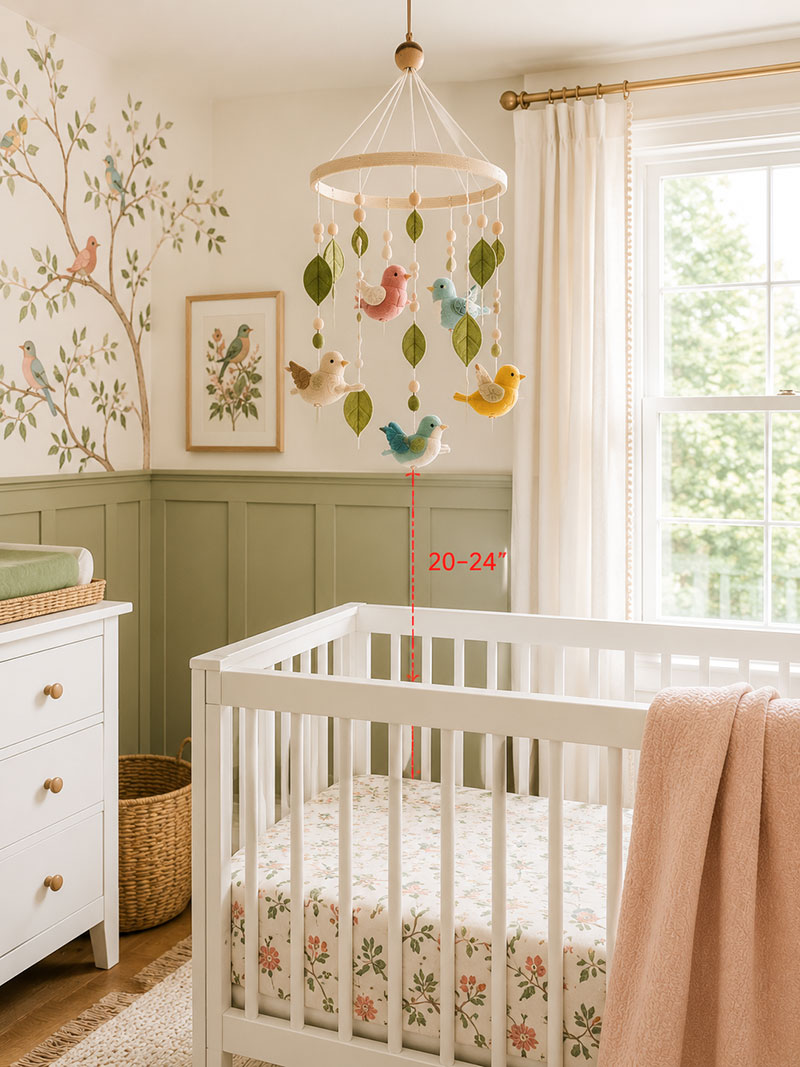 Bird nursery mobile safely placed above a crib with clear space below