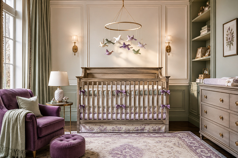 Bird nursery mobile over a modern baby crib with soft nature inspired nursery decor