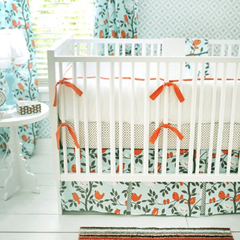 Turquoise blue and white bird theme nursery ideas and crib set