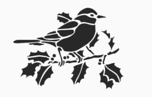 Printable bird on a branch stencil with holly berries leaves Christmas wall stencil pattern design