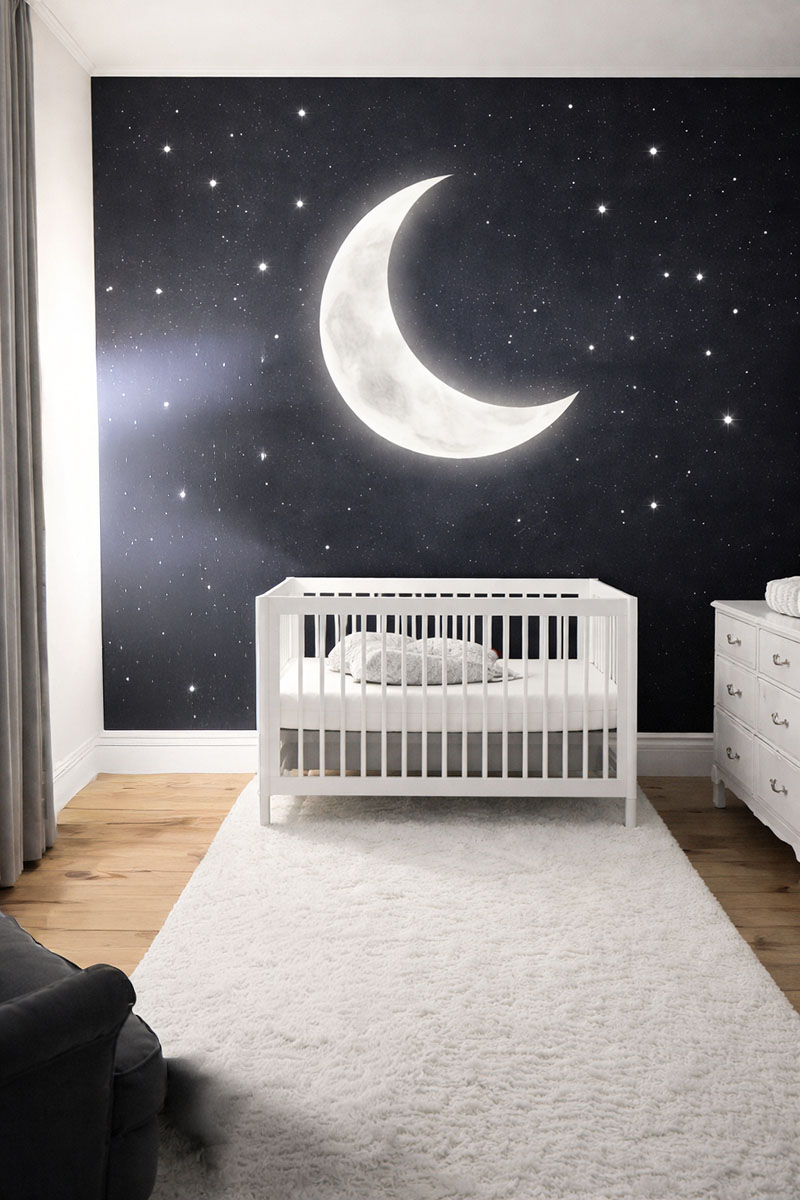 White crib dressed with layered black and white crib linens and a softly draped blanket in a modern moon stars celestial theme nursery room