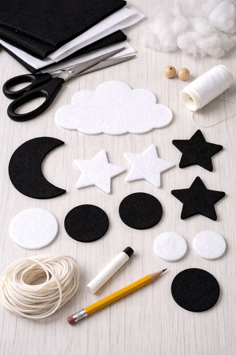 Cut black and white felt moon, stars, cloud, and circle shapes for a DIY crib mobile