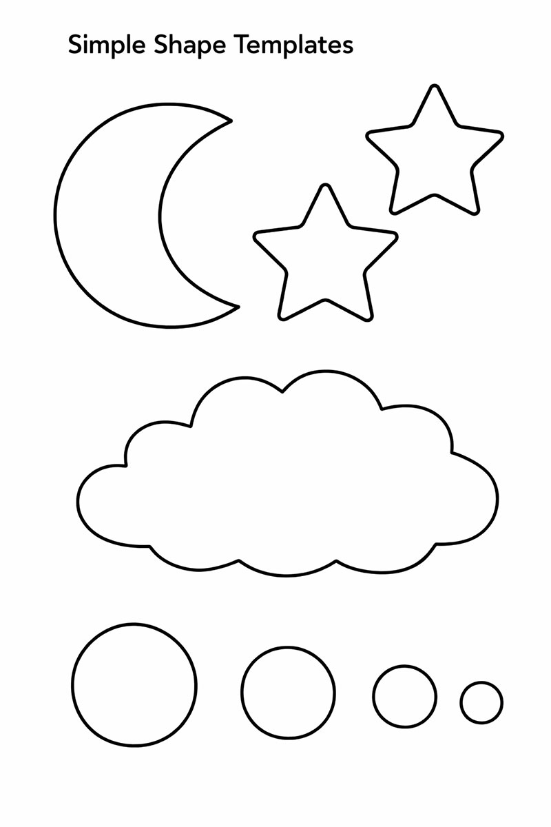Printable template shapes for a DIY black and white crib mobile including moon, stars, cloud, and circles