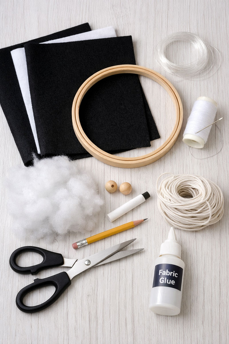 Supplies for a DIY black and white crib mobile including felt sheets, embroidery hoop, string, scissors, and thread