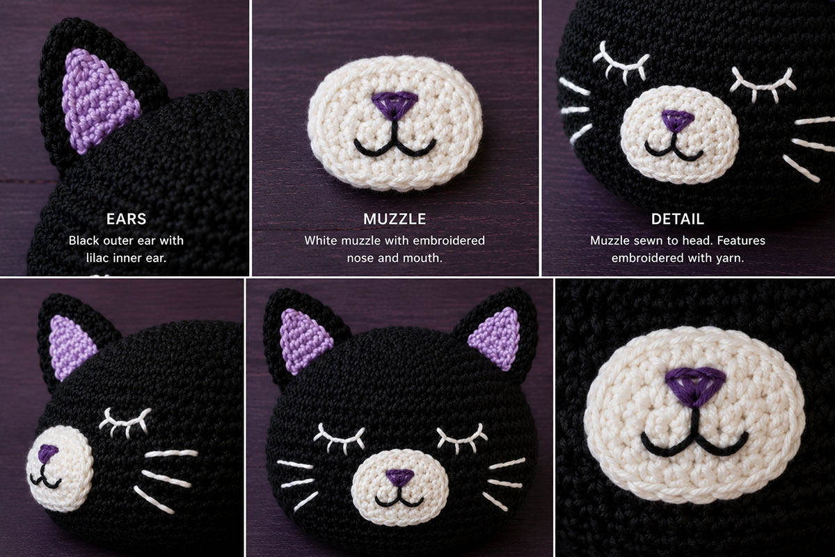 Black crochet cat ears with contrast inner triangles and a flat light-colored muzzle arranged beside the finished cat head