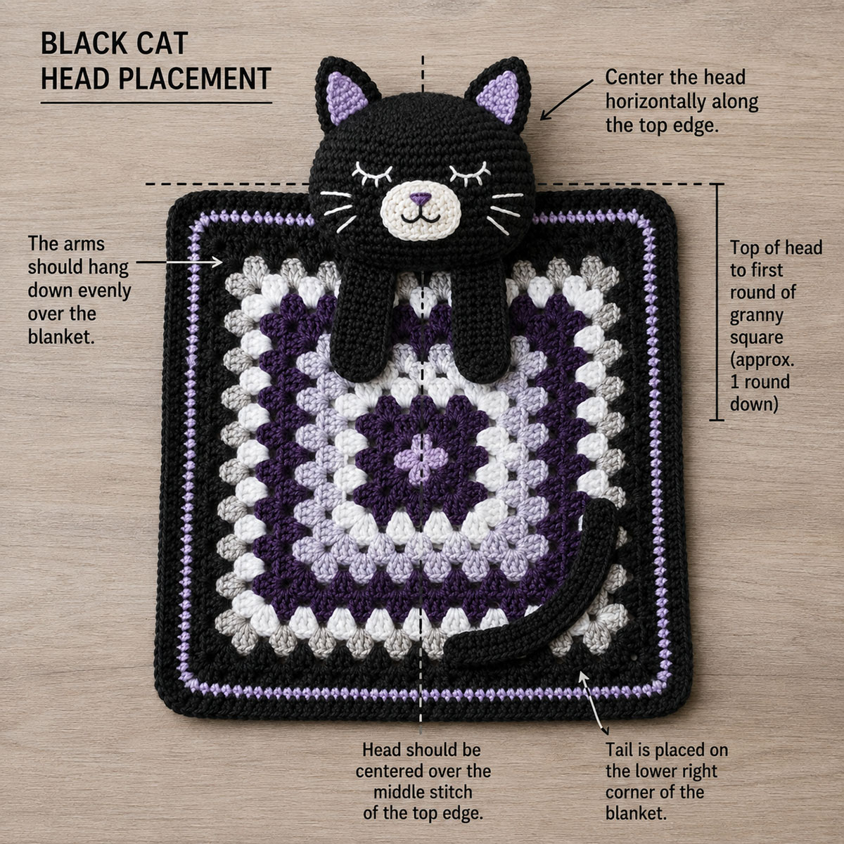 Three-quarter view of a black crochet cat head and paws pinned evenly along the top of the blanket before final attachment