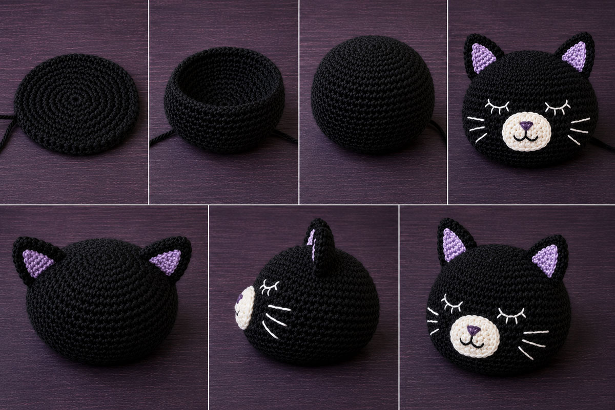 No-text crochet sequence showing the black cat head changing from a flat circle to a shaped stuffed head and completed embroidered face