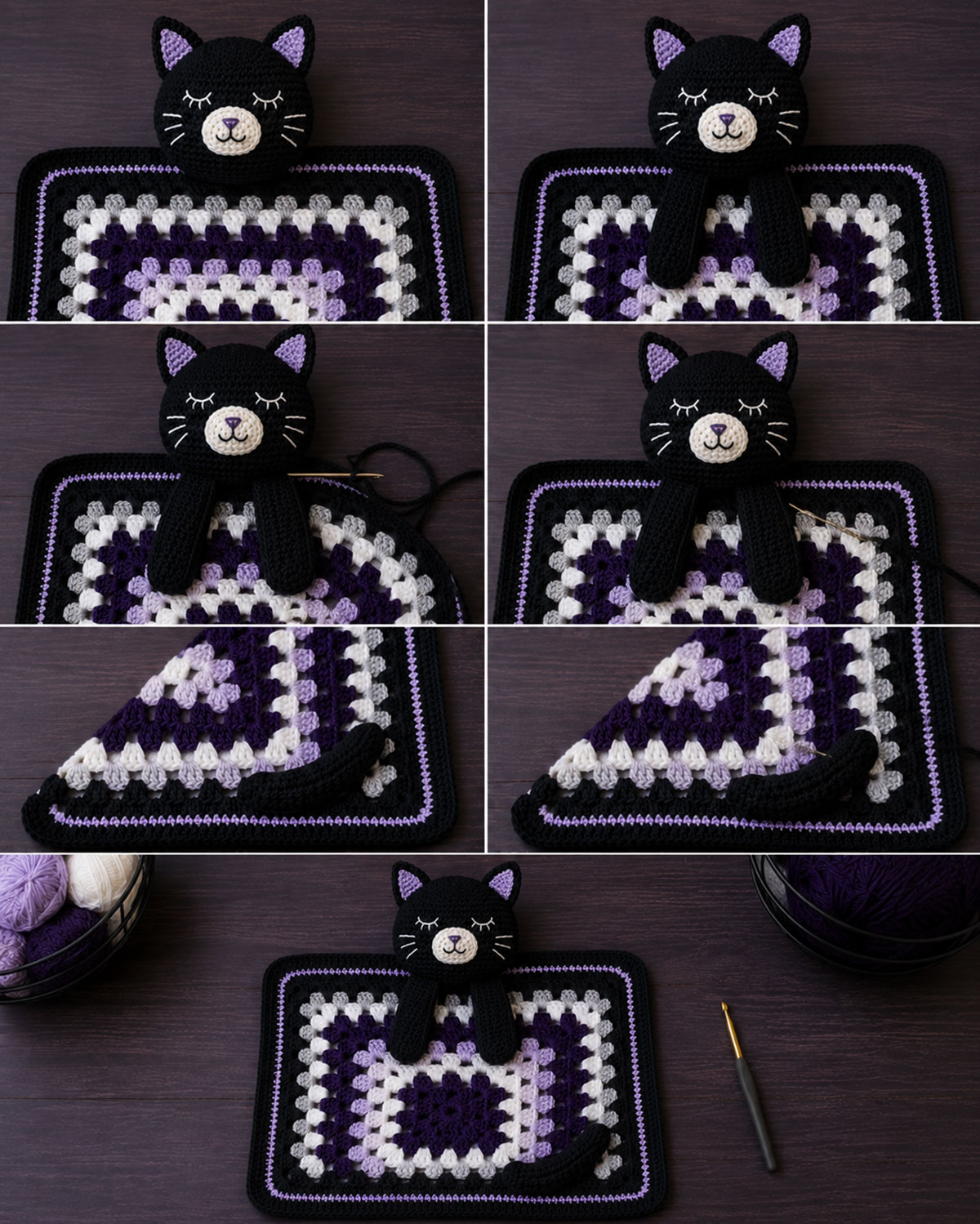 Completed black cat crochet lovey photographed from a low three-quarter angle after the head paws and curved tail have been securely assembled