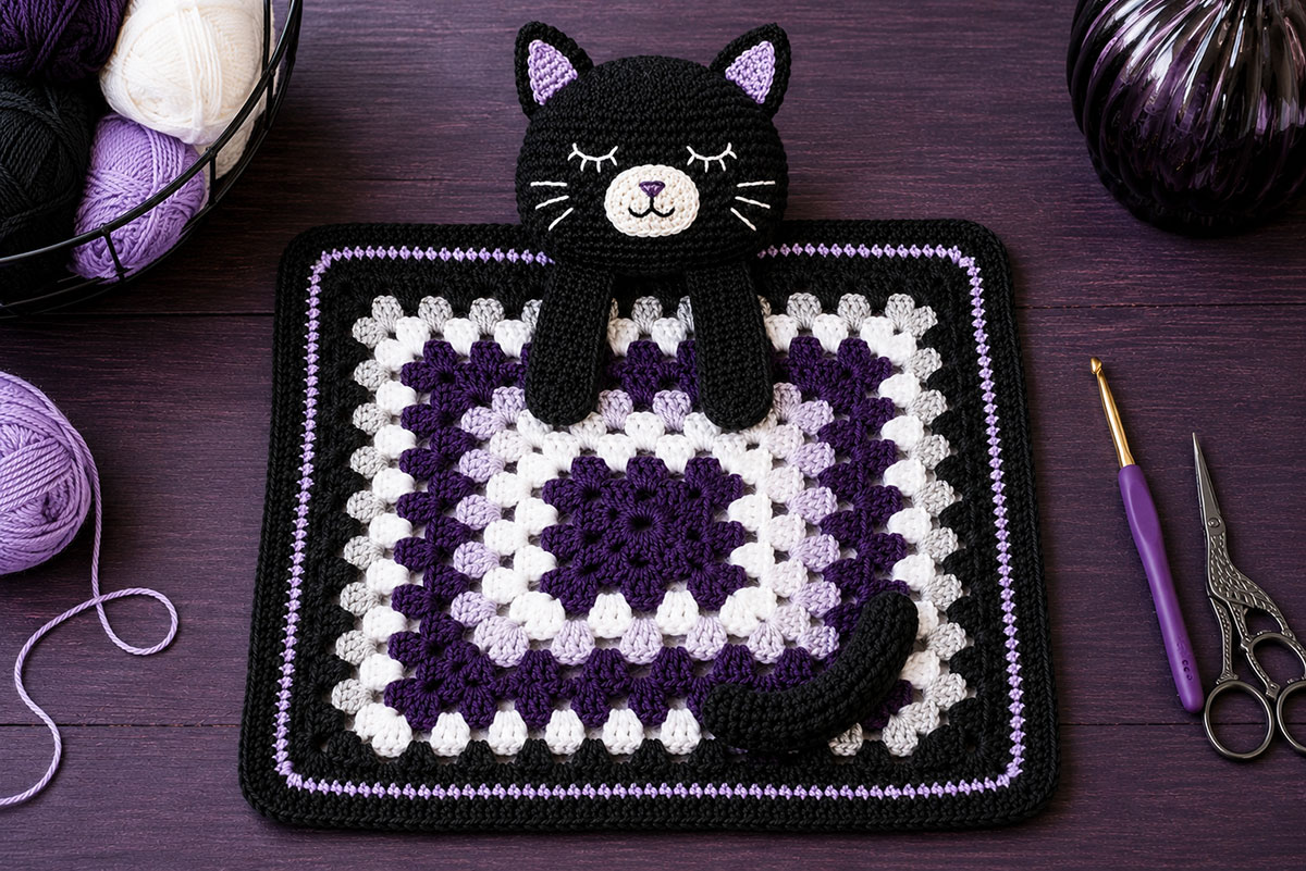 Finished granny-style black cat lovey blanket photographed flat from above after blocking with squared corners and contrasting Halloween accent rounds