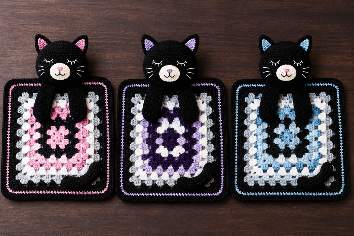Three black cat crochet loveys shown from above with pink, purple, and blue granny-style blanket color variations