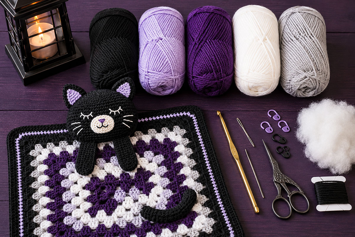 Black, purple, lavender, white, and gray yarn with hooks, stitch markers, scissors, embroidery supplies, fiberfill, and the finished black cat lovey on a dark purple work surface