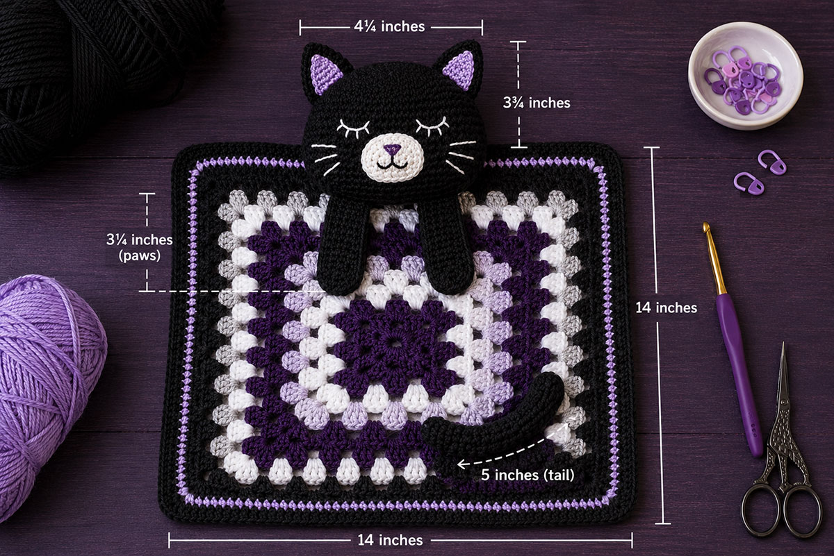 Black cat crochet lovey size guide showing the finished blanket, head, ears, paws, muzzle, and curved tail from an overhead view
