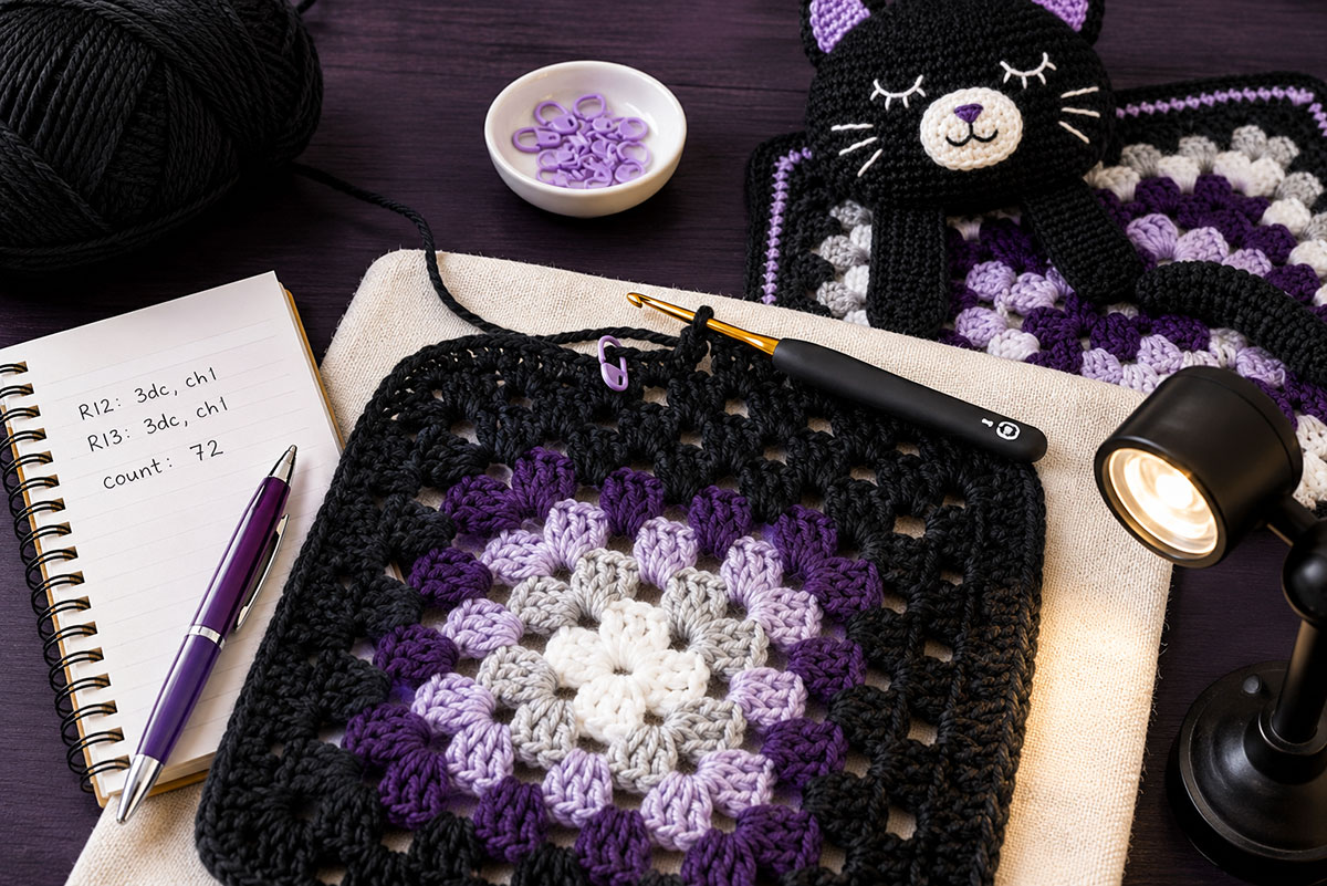 Close overhead view of black crochet stitches on a light fabric work surface with a locking stitch marker and crochet hook