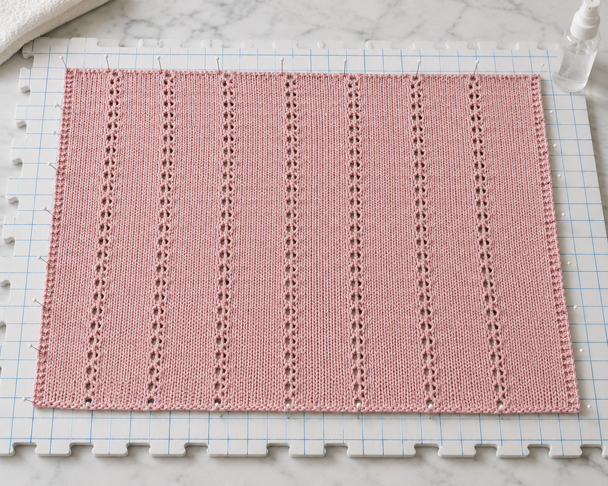 Finished knitted baby blanket arranged flat into an even rectangle during blocking