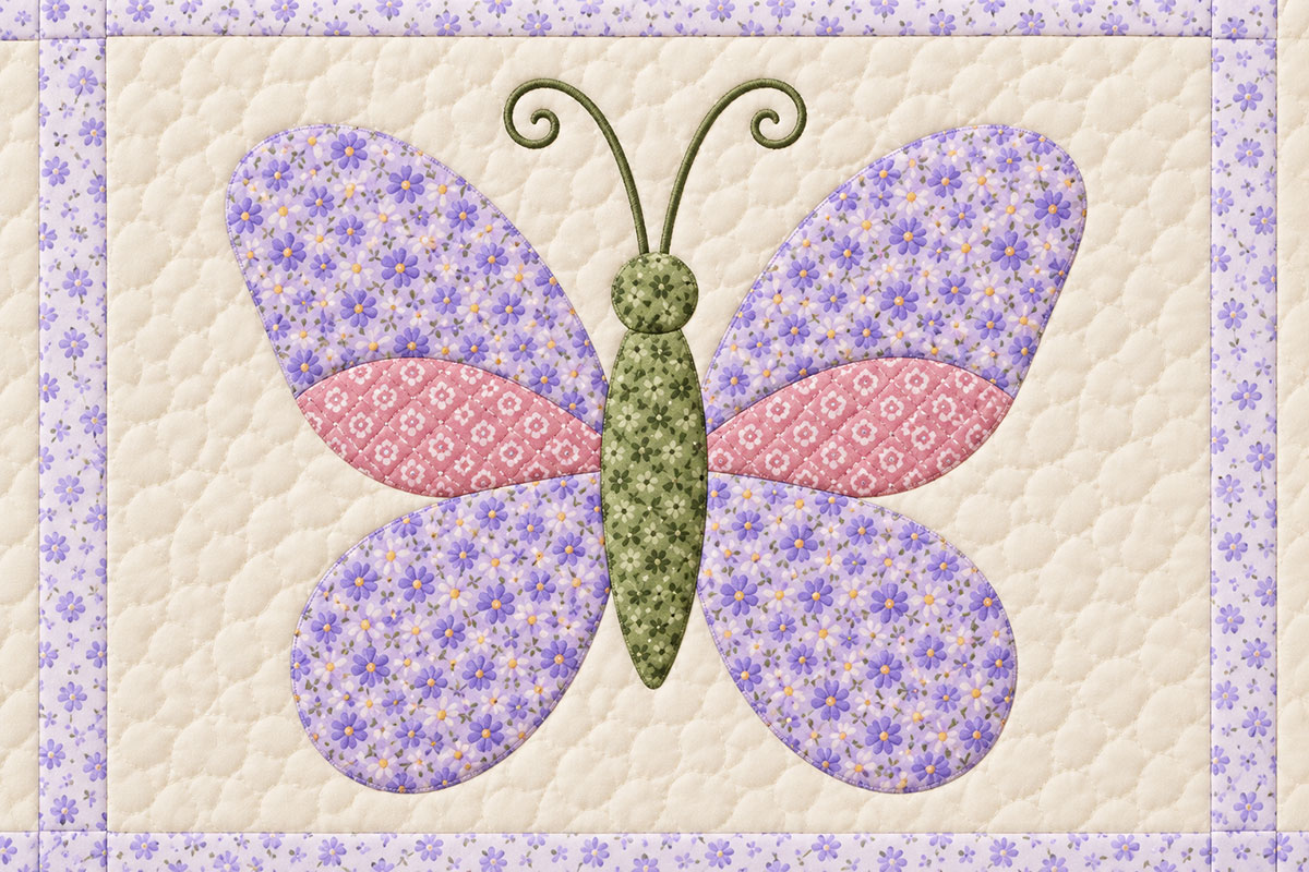 Central butterfly appliqué with four floral wings, dusty-pink upper-wing accents and a sage body