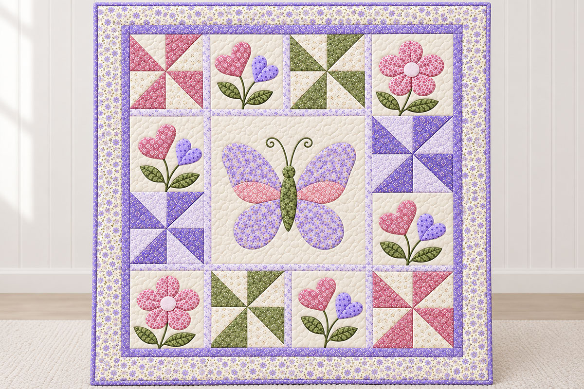 Straight-on view of the Blooming Hearts Butterfly Quilt showing the central butterfly, heart flower blocks and six pinwheels