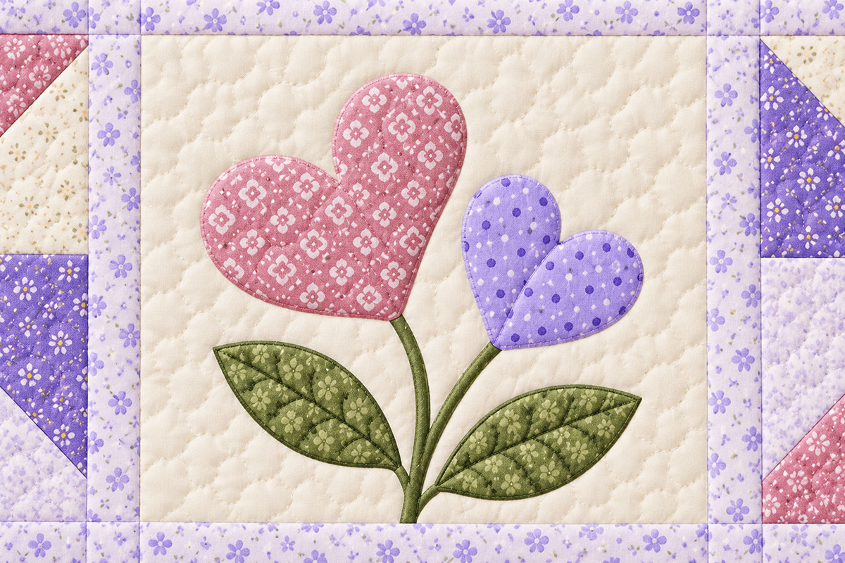 Blooming Hearts quilt block with one dusty-pink heart flower, smaller lavender heart, curved sage stem and two leaves