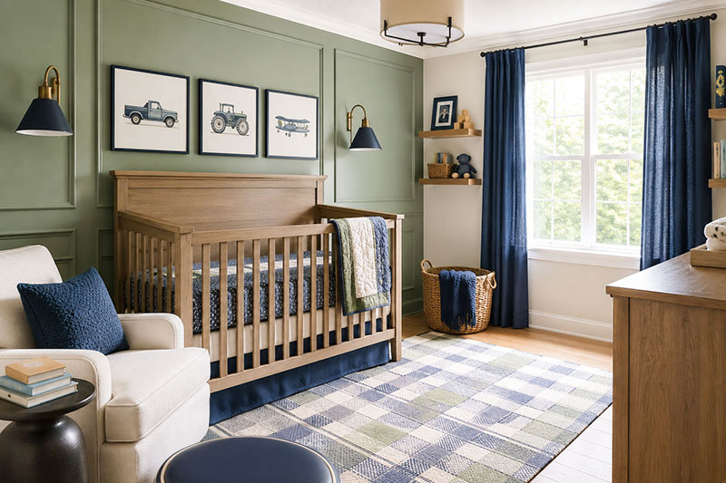 Blue and sage green boy nursery with wood crib, navy accents, white trim and tailored nursery decor
