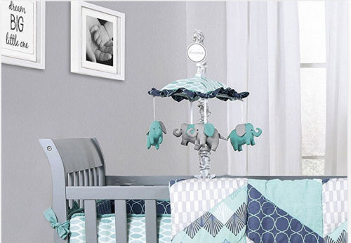 Navy blue turquoise blue and white elephant baby nursery set and crib mobile